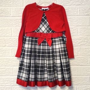 Bonnie Jean black and white plaid dress with red bow and cardigan